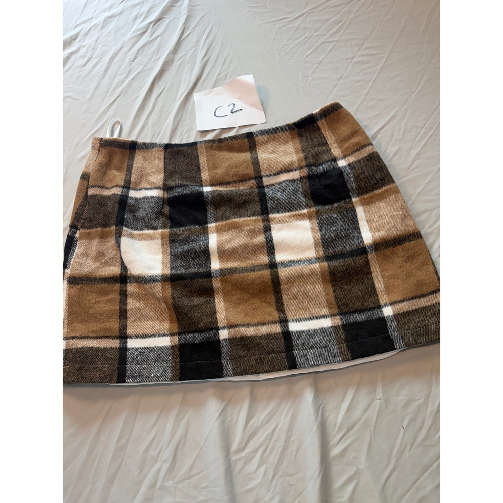 Women Plaid Mini Skirt Brown Tan Black White Flannel Lined XL